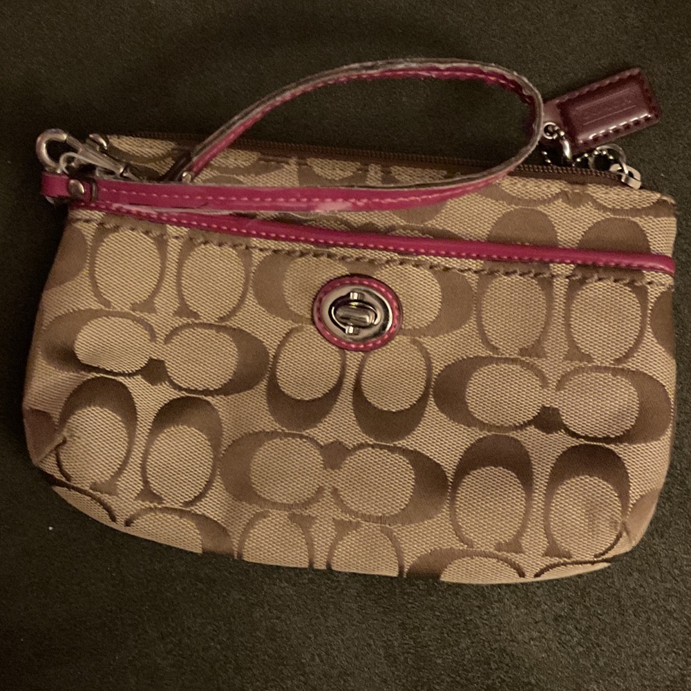 Coach Signature Tan Wristlet with Pink Trim